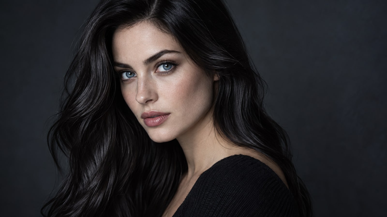 Woman with glossy deep espresso-black hair, blue eyes, and a dark slate background