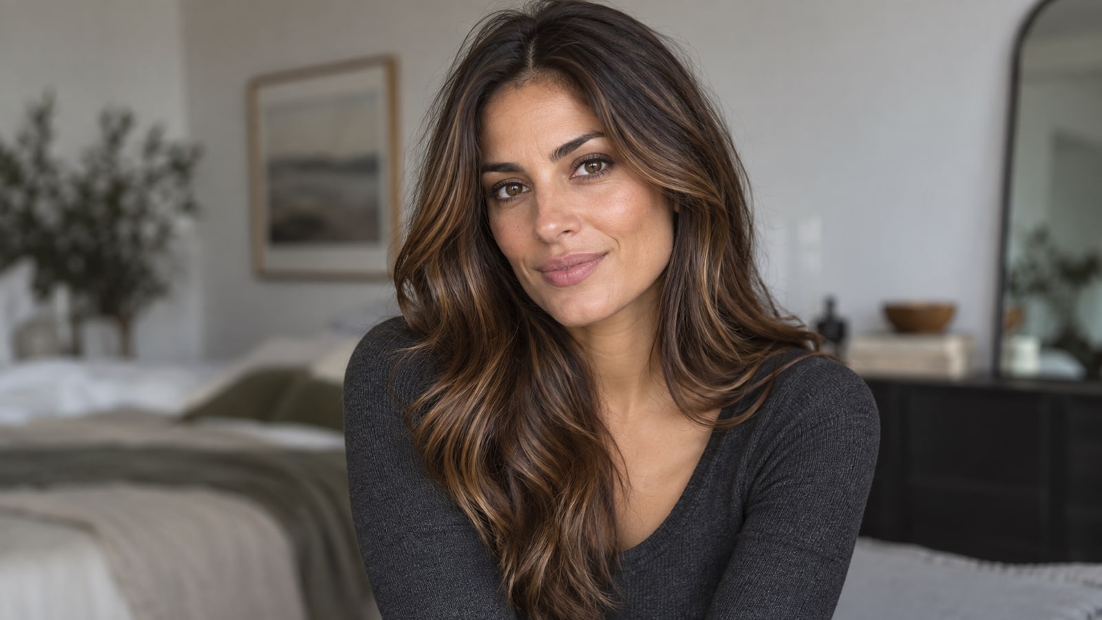 Woman with dimensional mocha-brown hair and subtle caramel face-framing highlights in soft daylight