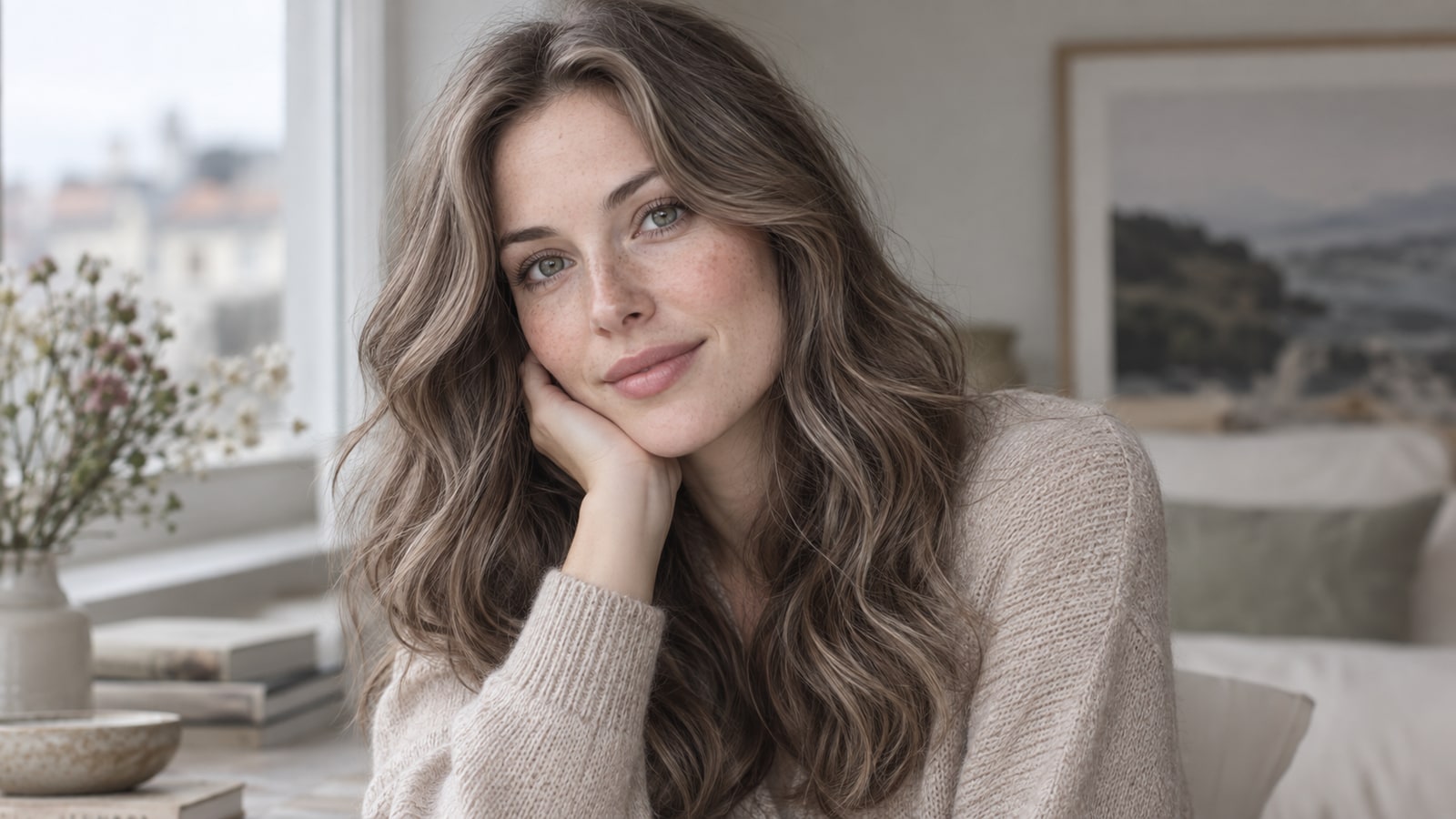 Woman with soft mushroom-brown waves and fine smoky-taupe highlights beside a window